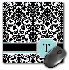 3dRose Letter T personal monogrammed mint blue black and white damask pattern -