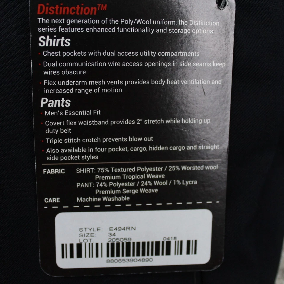 Elbeco Distinction Uniform Pants NWT Mens 34R Black Wool/Poly Blend Stretch - Image 4 of 4