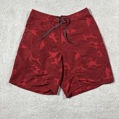 Patagonia Board Shorts Mens 33 Red Tropical Floral Print Swim Trunks Zip Pocket - Picture 1 of 10