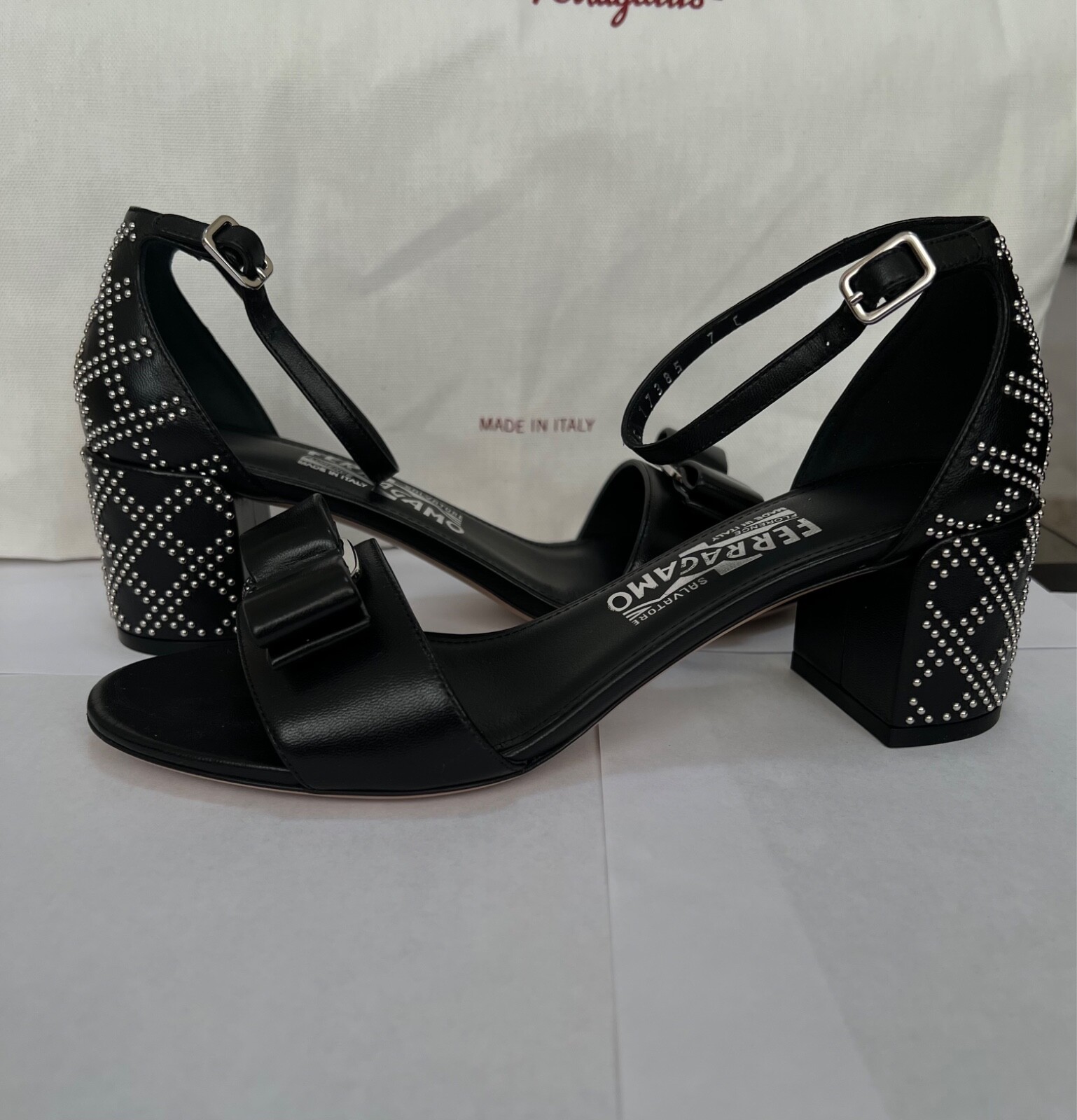 Salvatore Ferragamo Black Gavina Bow Patent Studded  Leather Sandals.Size 7C.NWB