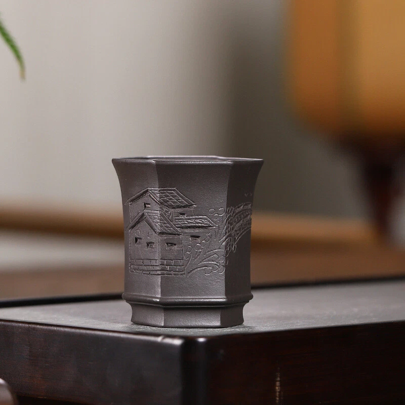 Taza de té real Yixing Zisha de una taza 100 ml patrón tallado a mano al azar taza maestra Foto 4 de 4