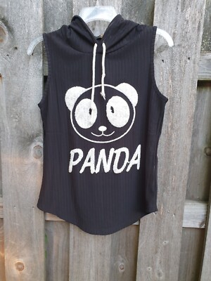 Panda Bear Hoodie Womens Size 2 Sleeveless Black Shirt Top