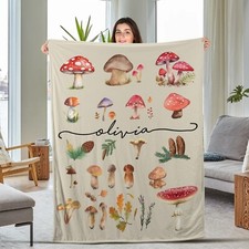 Personalized Mushroom Blanket, Vintage Fungi Blanket, Custom Name Fleece Blanket