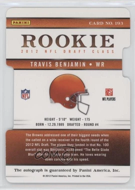 2012 Elite Aspirations Die-Cut Signatures /49 Travis Benjamin Rookie Auto RC - Image 2 of 2