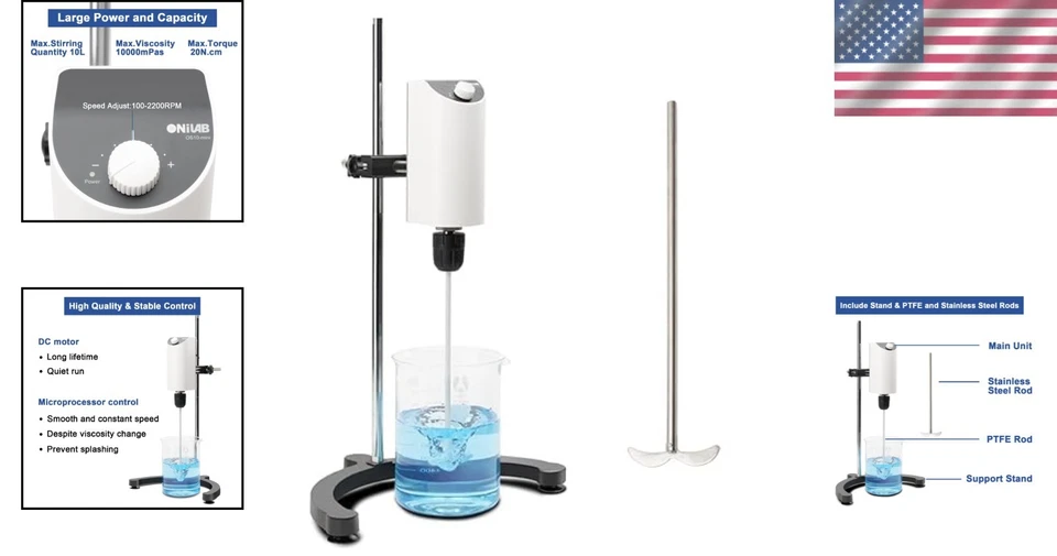 Precision Lab Stirrer: 10L Capacity, Adjustable Speed 100-2500rpm, Overload Safe - Image 2 of 4