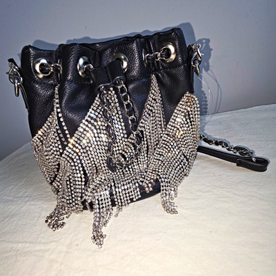 Betsey Johnson Black Drawstring Bucket Bag Rhinestone Fringe Chain Strap Small