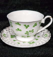 Grace Teaware Shamrock Pierced Teacup Saucer Set 5" Porcelain Gold St Patrick