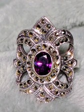 R505 Sterling Silver 925 Amethyst Marcasite Art Deco Flower Ring Sz 5.75