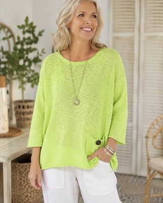 Lulu-B Chartreuse Lime Cotton Slub Sweater L/XL Coastal Grandma Boho Dopamine ￼