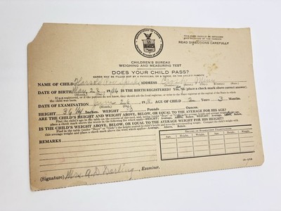 1918 USA DEPARTMENT OF LABOR CHILDREN'S BUREAU WEIGHING MEASURING TEST