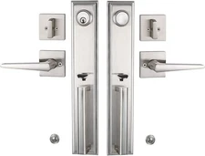 Front Door Handle Satin Nickel Double Door Lock Set, Entrance Handle Set 