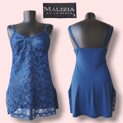 Chemise de nuit Malizia La Perla chemise bleue dentelle florale vintage taill... - Photo 1/4