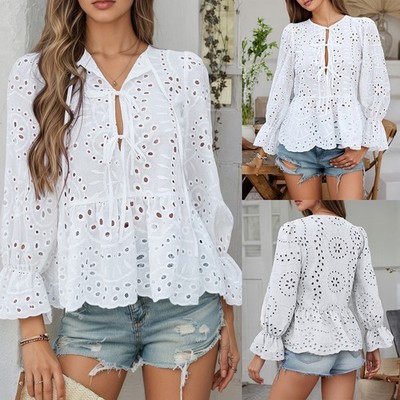 Damen Elegant Langarm Blusehemd Rüschen Hohl Shirt Oberteile Herbst Tunika Tops
