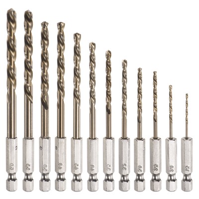12pack Cobalt Drill Bit Set 12 Sizes M35 Twist Drills for Metal Hex Shank Bits