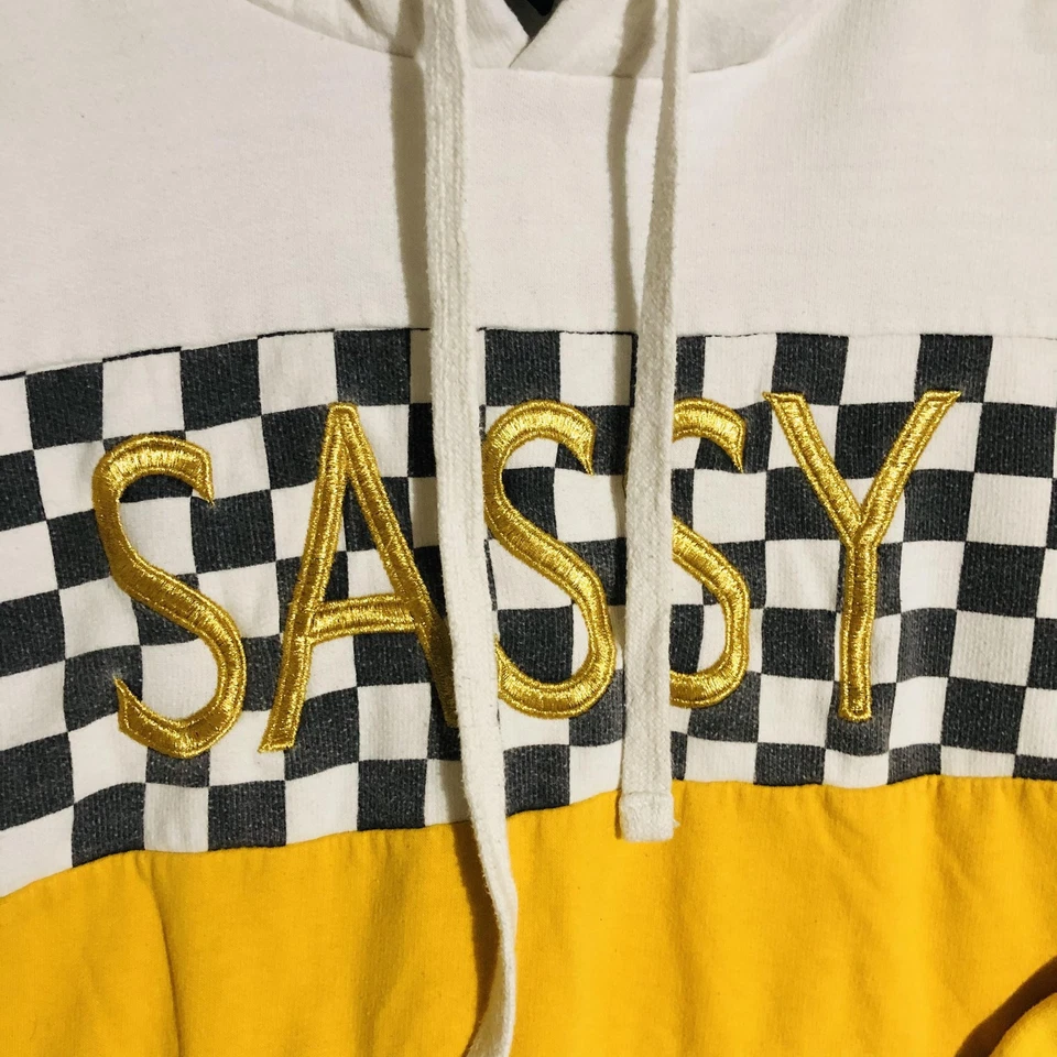 Rue21 Sudadera con Capucha Mujer XL Amarillo Blanco A Cuadros DESACARADO Bordado Pullover Y2k Foto 2 de 4