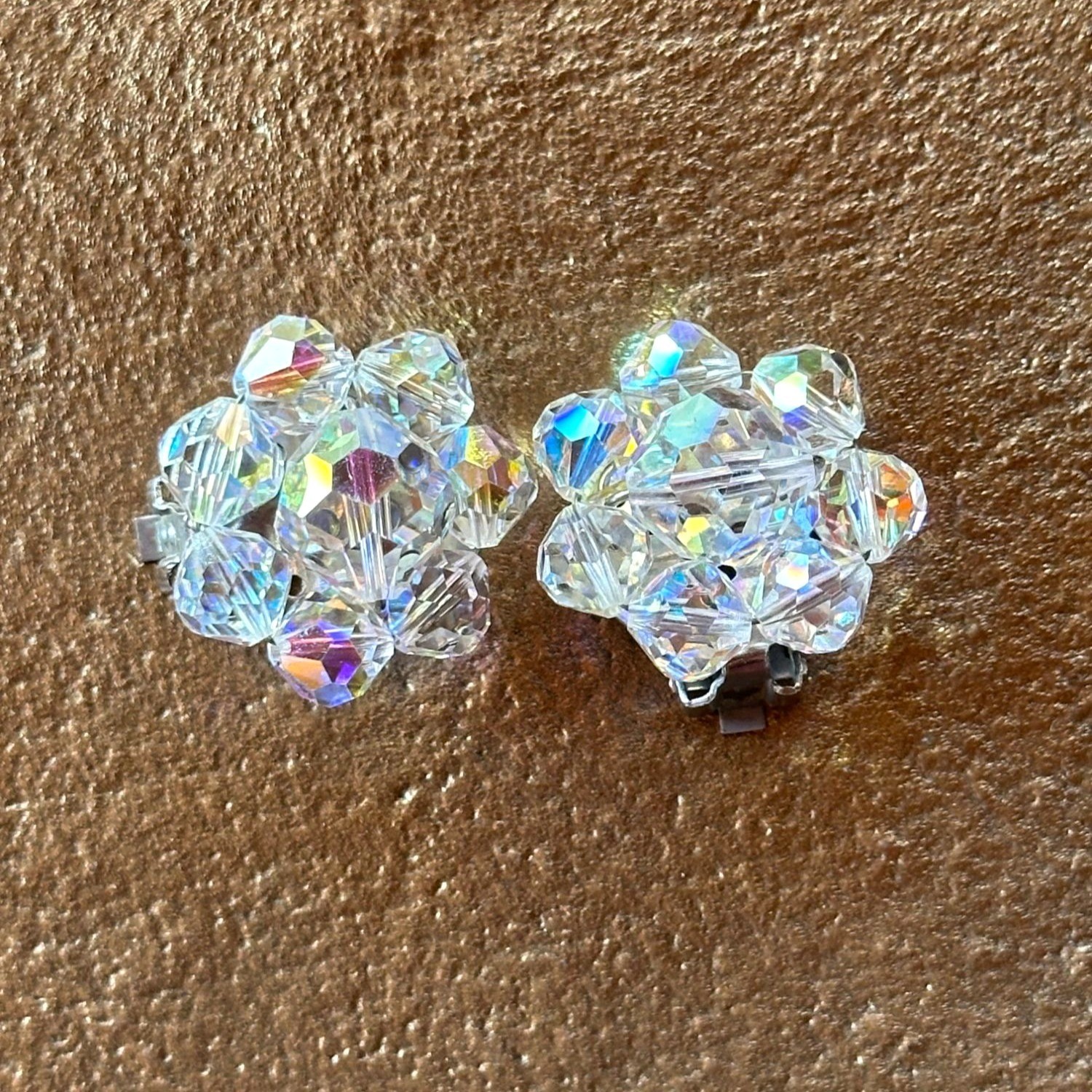 Vintage Aurora Borealis Crystal Bead Cluster Clip-On Earrings Retro Sparkling