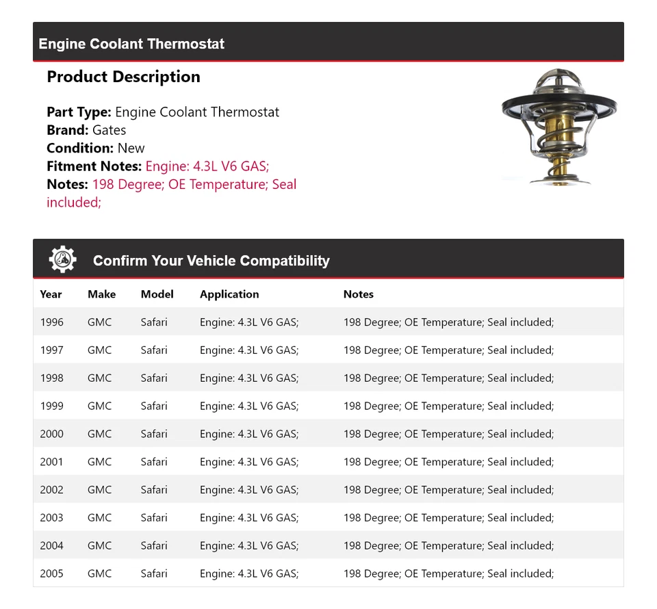 Para GMC Safari 1996-2005 4,3 L V6 motor gas refrigerante termostato puertas 1997 1998 Foto 2 de 4