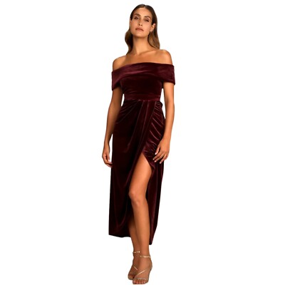 burgundy velvet dress off the shoulder Burgundy Velvet Evening Dress with Pearl Chains - Off-the-Shoulder Dress with Sleeves main image 1
