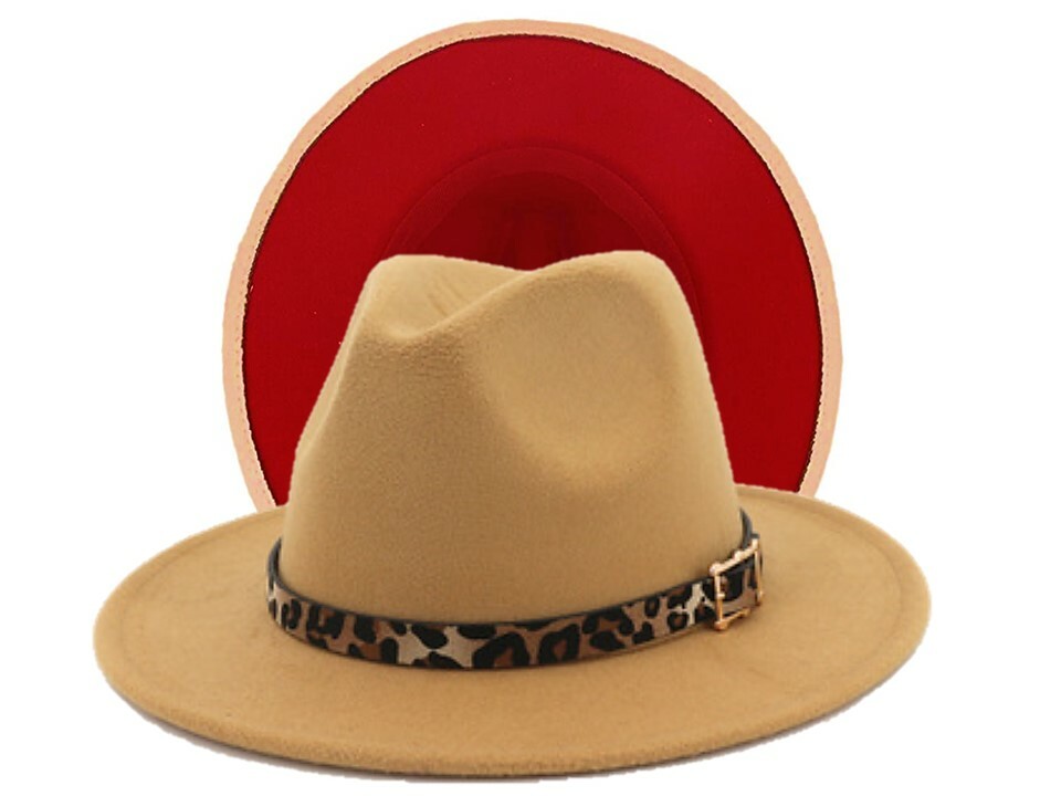 Beige Red Leopard Band Vintage Wide Brim Panama Fedora Hat for Men Women-image