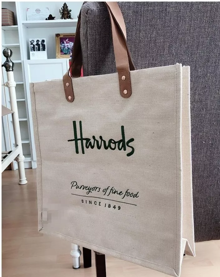 NEW Harrods London Logo Linen Tote Shopping Bag Leather Strap Jute