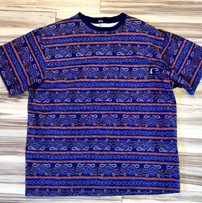 1980's Stussy Black Tag Tomtom Allover Print Tee Orange and. Blue