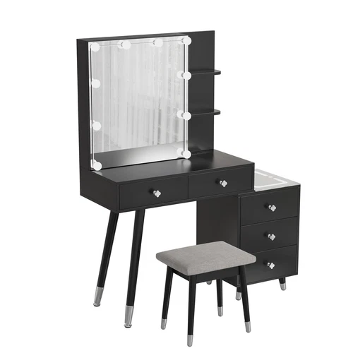 Modern Vanity Set Modern Makeup Table Stool Set with Bulb LED Mirror & Cabinet - Picture 5 of 7