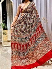 Designer Saree Gajji Silk Ajrakh Bandhej Mirror Work Wedding Festive Sari Blouse