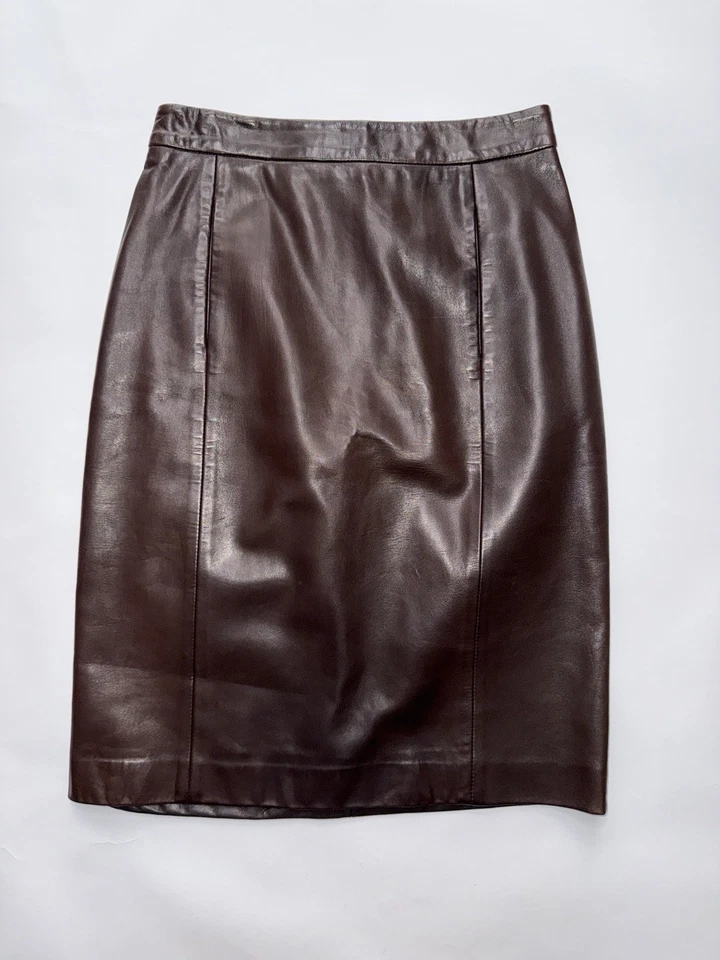 Vintage Calvin Klein Collection Fall 1999 Dark Brown Leather Pencil Skirt M - Image 3 of 4