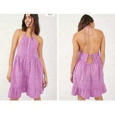 Desert Days Mini Dress Boho Babydoll Size M Purple Button Front 100% Cotton