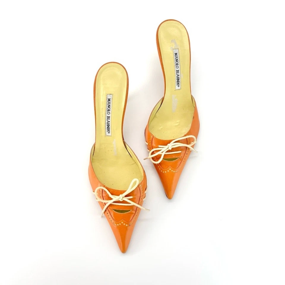 Vintage Manolo Blahnik Bow Orange Pointed Toe Kitten Heel Slip On Mules 41 - Image 3 of 4