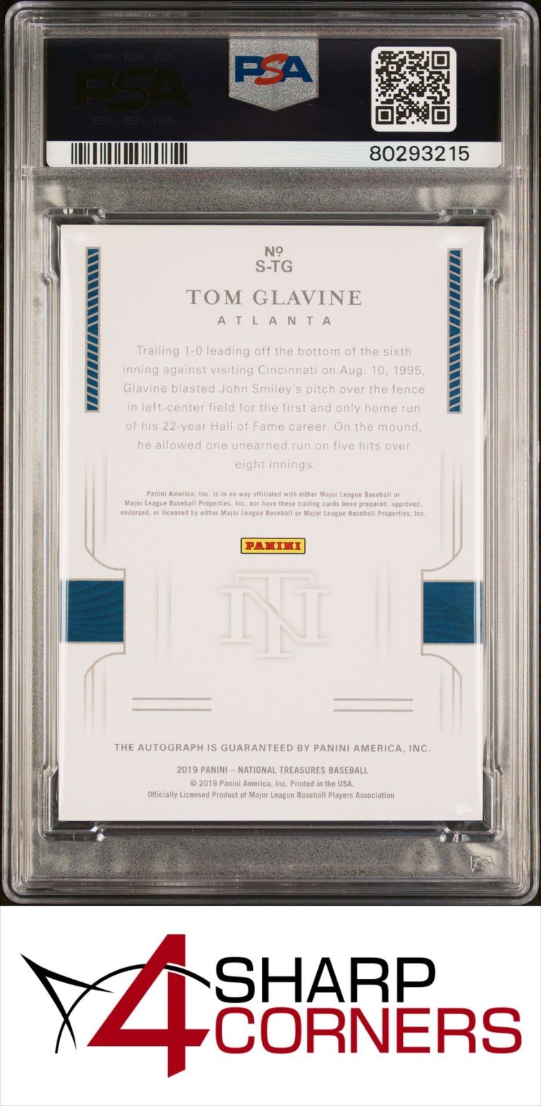 2019 NATIONAL TREASURES SIGNATURES SILVER AUTO TOM GLAVINE HOF #/5 POP 1 PSA 9 view 2