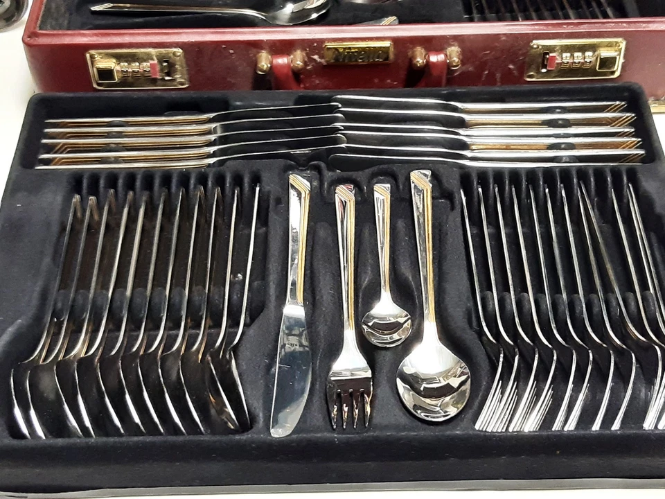 Besteckset 72tlg. SBS Solingen BADEN-BADEN 24ct. Hartvergoldet im Lederkoffer - Bild 4 von 4