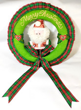 Vtg Completed Bucilla Merry Christmas Santa Fabric Wreath Plaid Ruffle Sequins