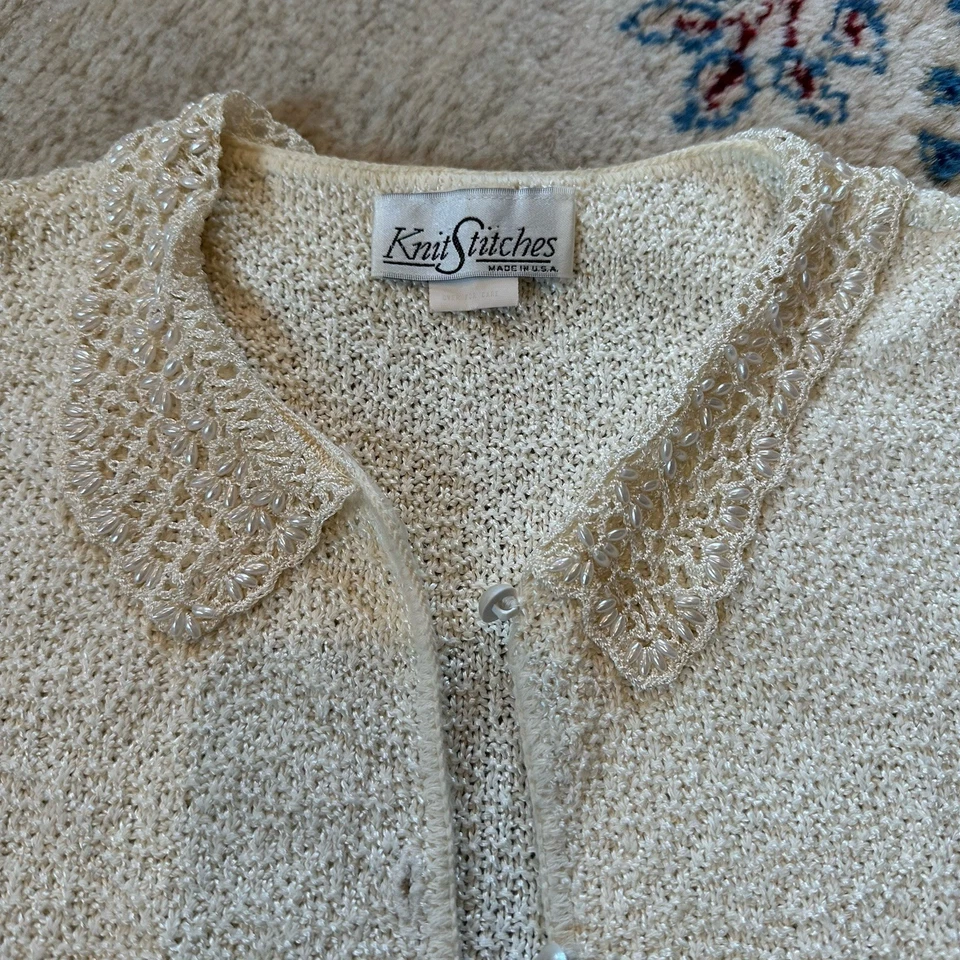 Vtg 80s Beaded Cardigan Sweater  Seed Pearl Buttons Peter Pan Flaws See Pic L - Image 2 of 4