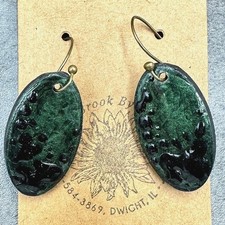 Brookie Bakers Green Enamel Oval Drop Earrings Handmade Artisan Boho Art Jewelry