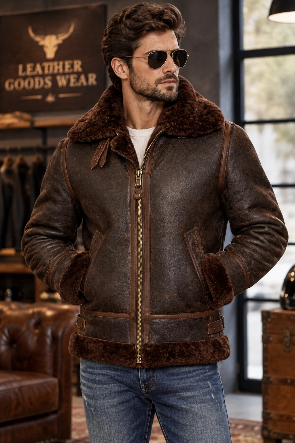 Men's Maroon RAF B3 Real Shearling Leather Aviator Bomber Pilot Flying Jacket image 7
