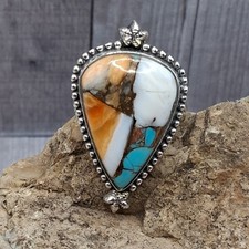 Southwestern Navajo Style Spiny Oyster Turquoise Ring Size 6 Sterling Silver