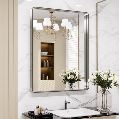 24x30 Brushed Nickel Bathroom Mirror, Rounded Rectangle, Anti-Rust, Shatterproof