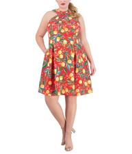 Vince Camuto Womens Pleated Mini Fit & Flare Dress, red, Plus Size, 18W