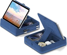 KDD Tablet Pillow Stand with Storage, Foldable iPad Holder for Lap, Dark Blue 