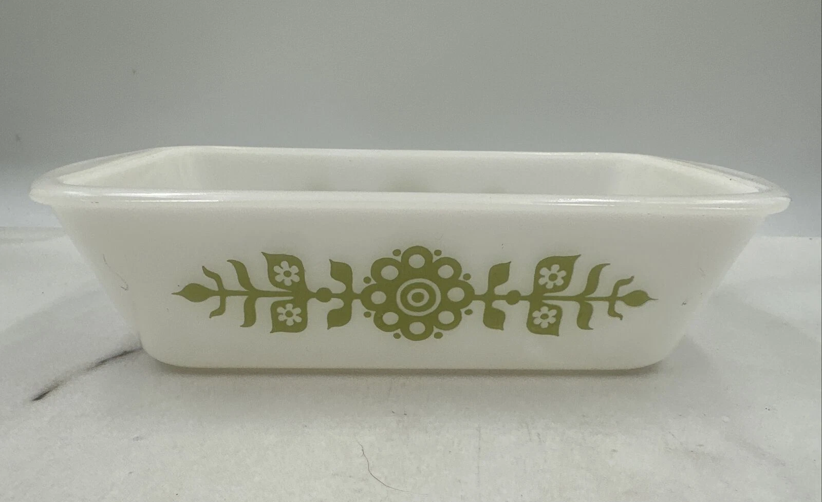 Vintage Glass Bake Loaf Pan Milk Glass 1.5 Qt. Bread w/ Green Floral Pattern