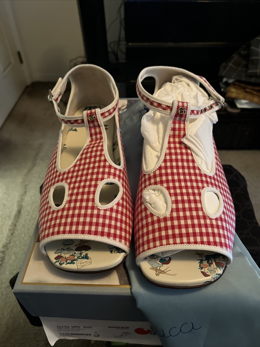 6万取引突破★UPS速達便利用!【GUCCI】_フラットシューズ Gucci Mens VICHY SIXTIE Cut-Out Mary Jane White/Red 11G 12