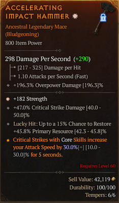 Diablo 4 Season 7 Softcore 800IP Mace 1GA Strength, Crit Dmg, LH Restore Res
