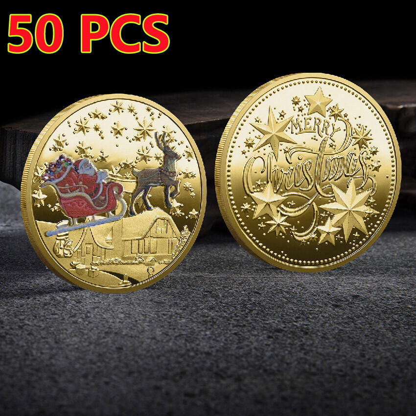 50PCS Commemorative Coin Santa Claus Merry Christmas Gold Plated Collection Gift