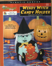 USED WENDY WITCH CANDY HOLDER HALLOWEEN PLASTIC CANVAS PATTERN LEAFLET