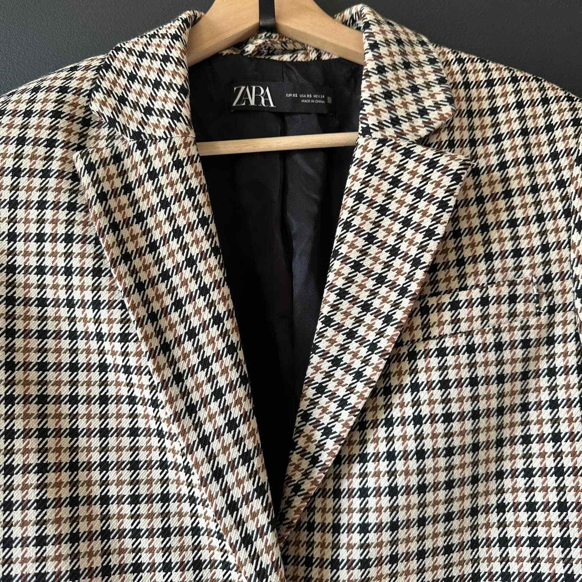 ZARA Houndstooth Oversized Blazer Cream Brown Black Size XS ZARA Houndstooth Oversized Blazer Cream Brown Black Size XS
