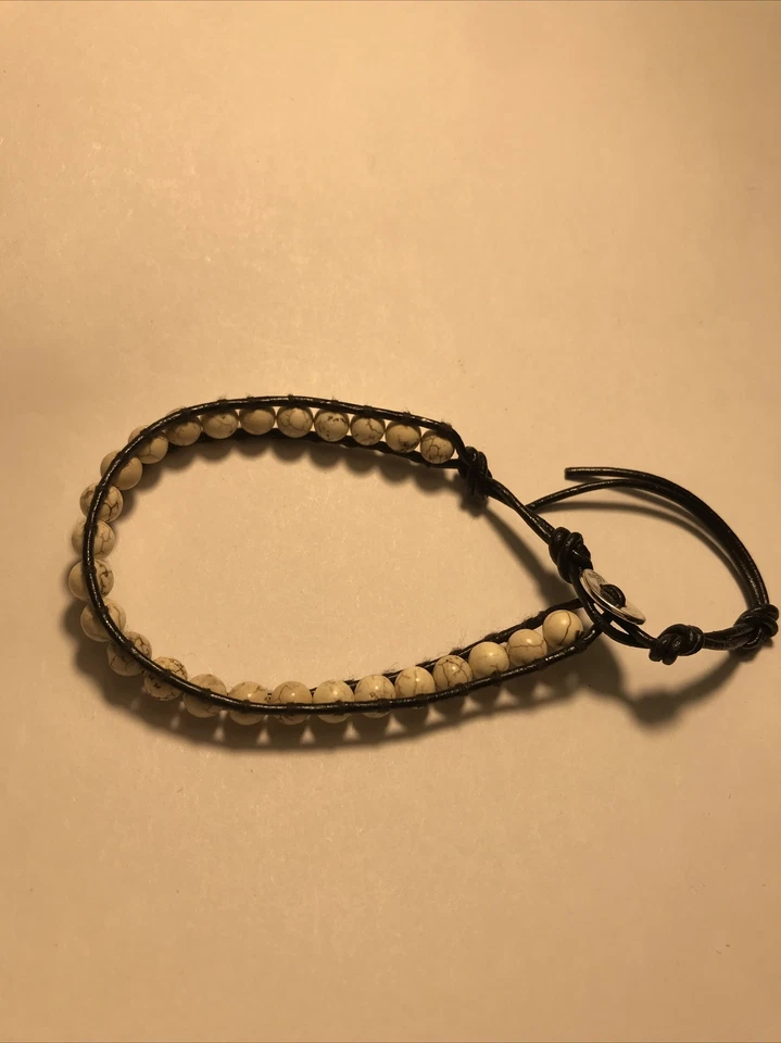 Lizou Semi Precious Beaded Leather Wrap Bracelet Adj. 7” 8” 9” Off-White Howlite - Image 4 of 4