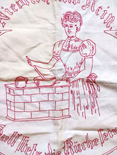 Antique/Vtg German Embroidered Turkey Redwork Kitchen Cloth Hanging Lady Cooking