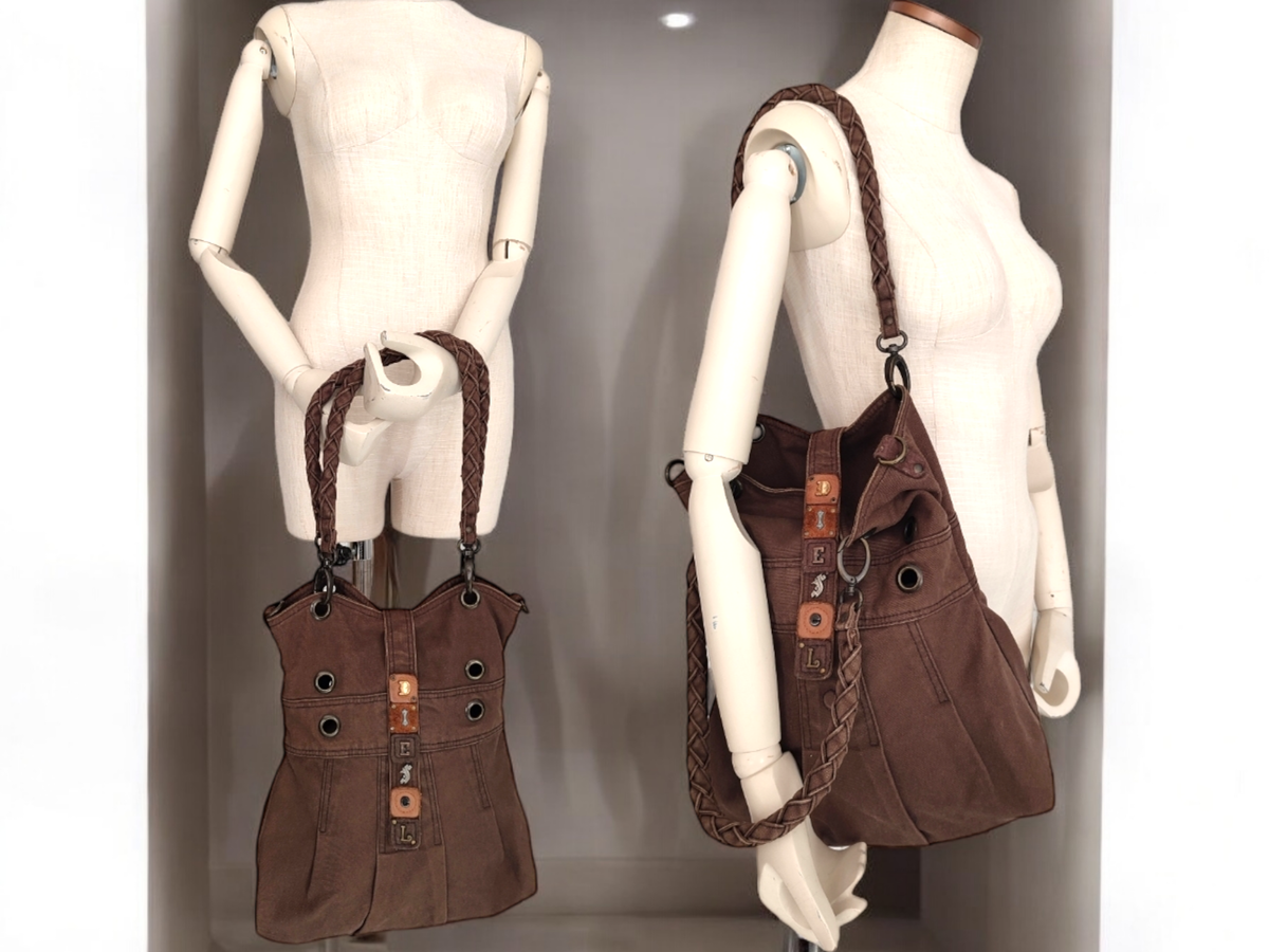 DIESEL Brown Canvas Womens Shoulder Bag Leather Logo 00s Y2k DIESEL Brown Canvas Womens Shoulder Bag Leather Logo 00s Y2k