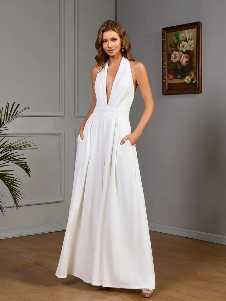Damen Neckholder Overall Jumpsuit Hose weiß Sexy rückenfrei Brautkleid QC746 - Bild 3 von 4